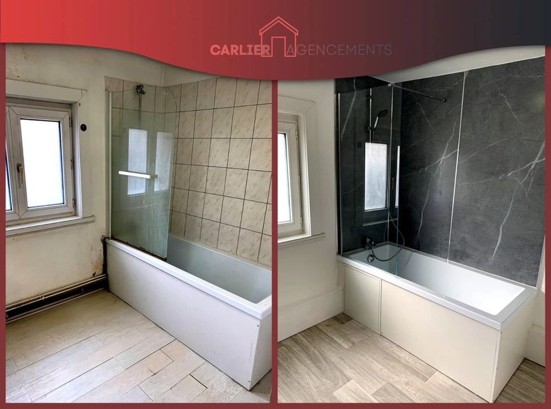 Salle de bain rénovée par Carlier Agencements : avant et après